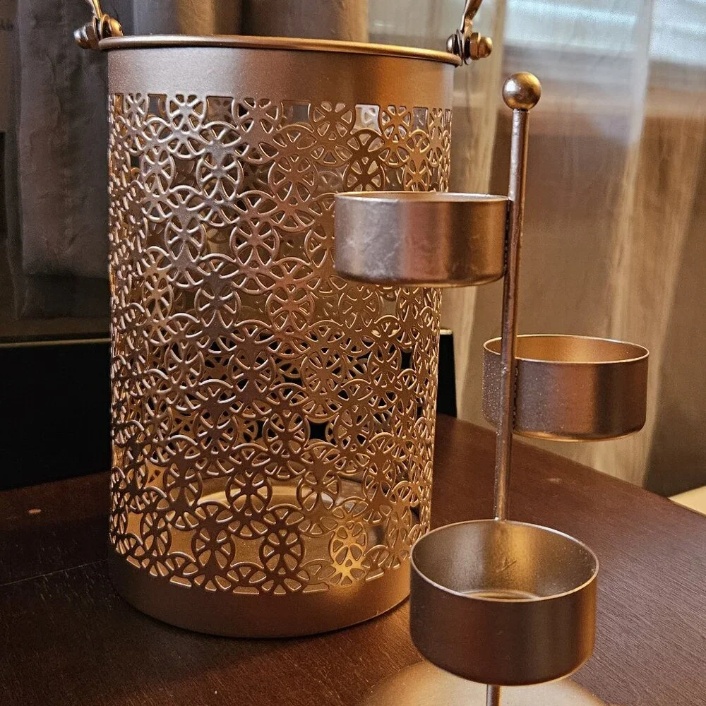 Metal Lantern Style 3-Tier Multi Tea Light Holder with Handle Rose Gold/Copper - Picture 1 of 5